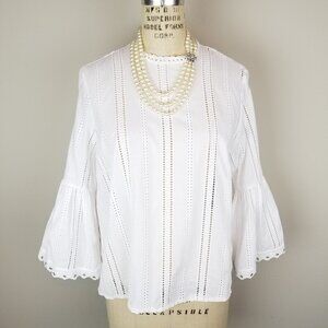 H&M White Eyelet 100% Cotton Blouse Bell Sleeves Grommet Detail Size 8